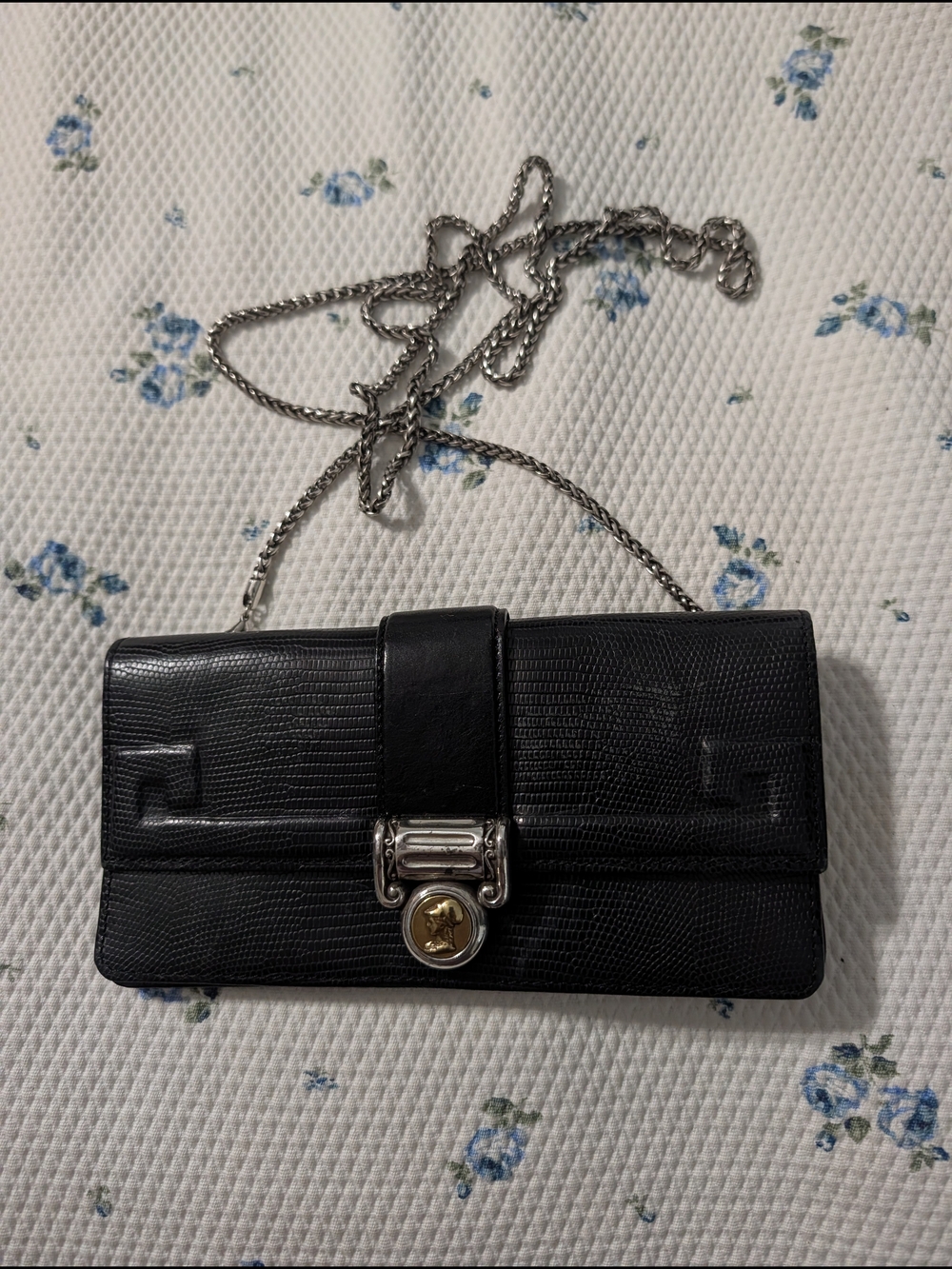 Brighton Black Lizard-Texture Chain Crossbody with Mixed Metal Clasp